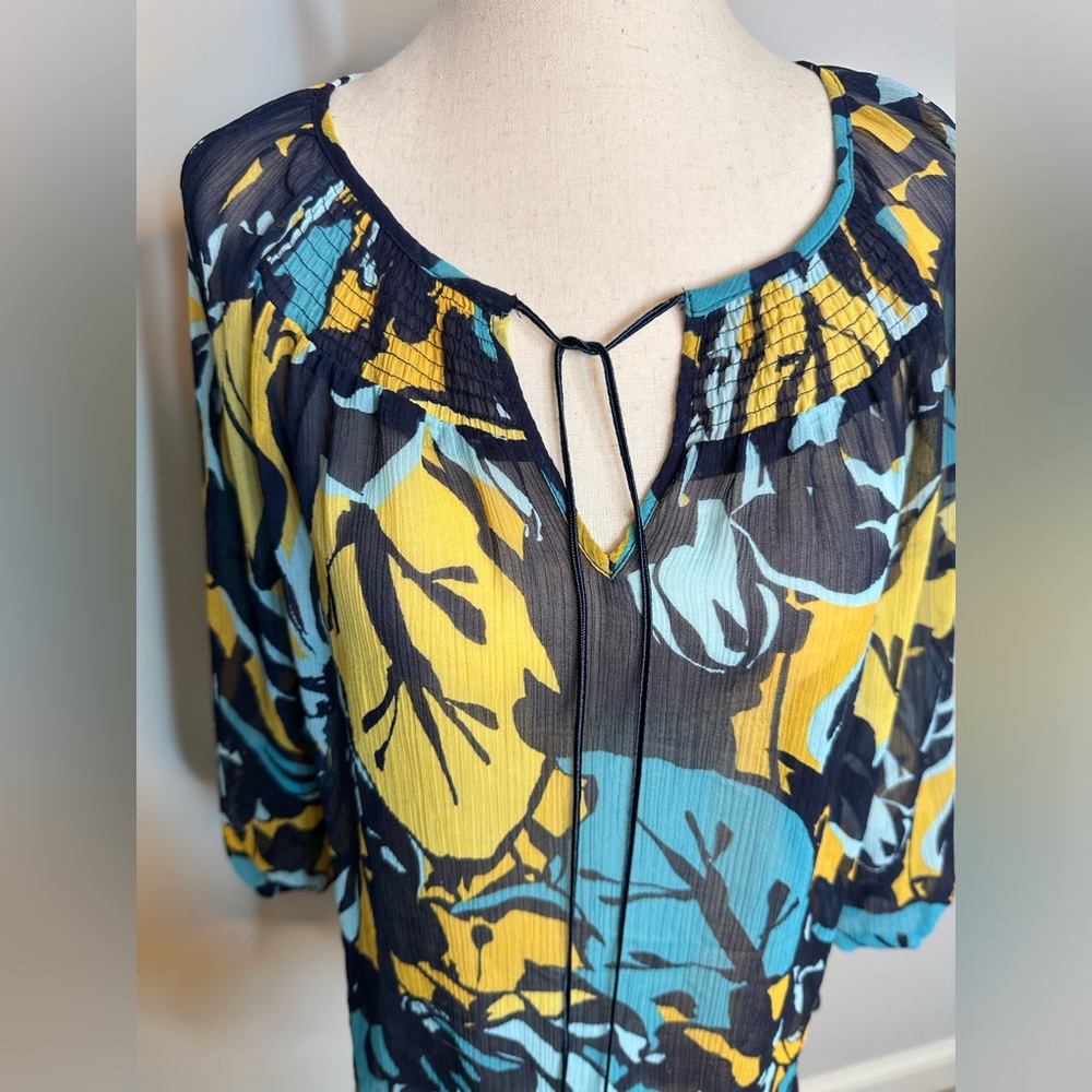 Sz Petite Large St John’s Bay long sleeve tie neck floral blouse teal yellow - Picture 4 of 6